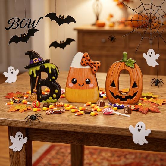 Holiday Home Accent Decor Halloween Wooden BOO Decoration for Tiered Trays, Creative Independent Boo Letter Blocks Solid Wood Tabletop Centerpieces