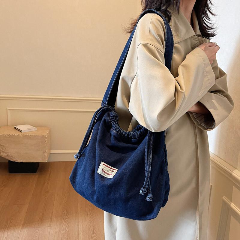 Drawstring Casual Denim Shoulder Bag For Women Soft Material Large Capacity Street Style