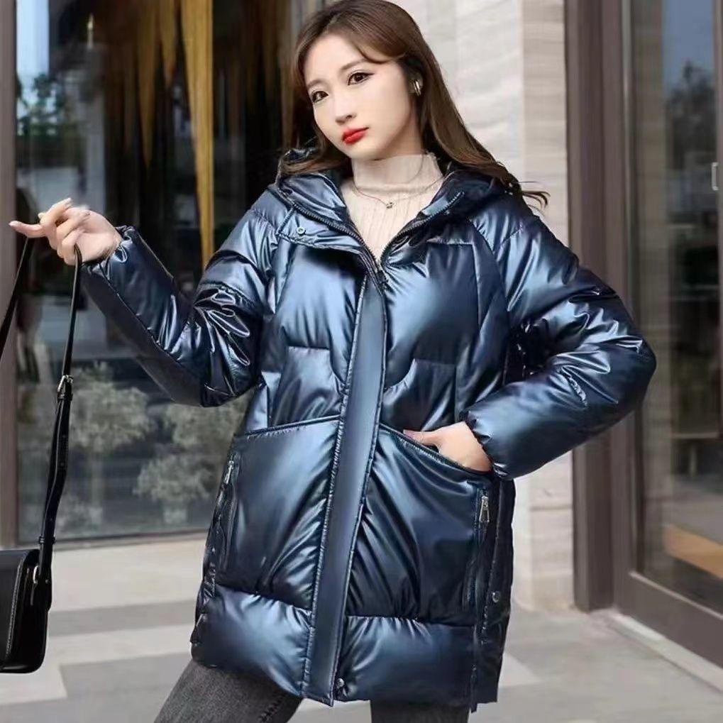 Autumn and Winter Women's Bright Hooded Large Pockets Loose Windproof Thickened Short Women's Jacket 4 Colors