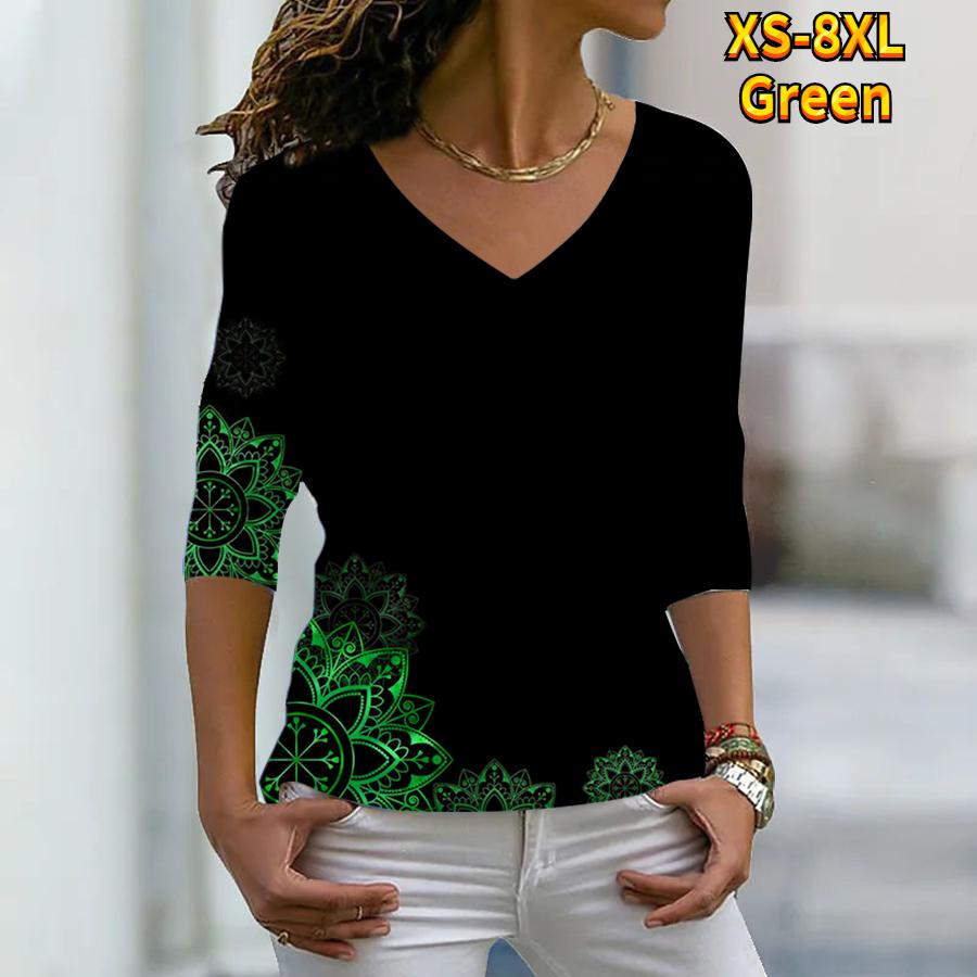 Женские осенние футболки с длинными рукавами с цветочным симметричным принтом подсолнечника, свободные футболки с v-образным вырезом размера плюс, топы, удобная блузка