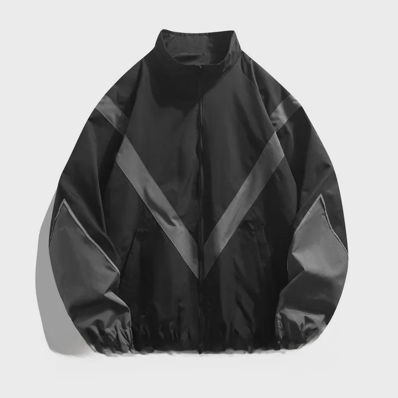 Мужская легкая куртка со светоотражающими швами и воротником-стойкой — повседневный спортивный стиль для весны и осени