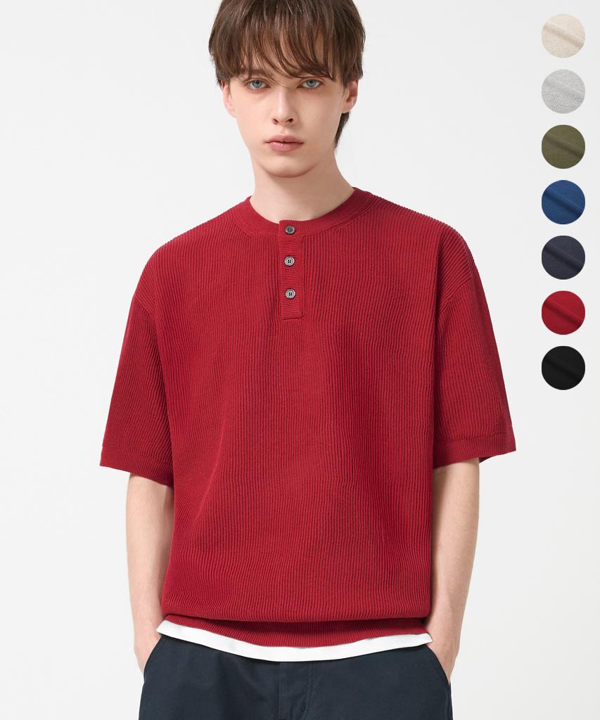 TRILLION Washable Linen Crop Henley Neck Short Sleeve Knit_7Color (C Type)