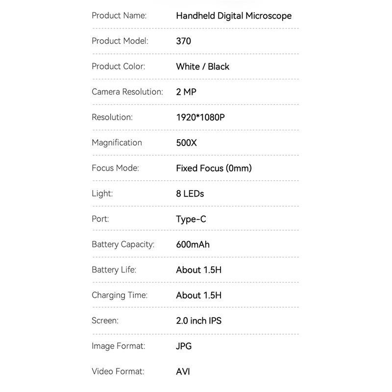 500X Magnification Digital Microscope 2MP Magnifying Glass with 8Light for Electronics Repair Video Coins Microscopio 600mAh