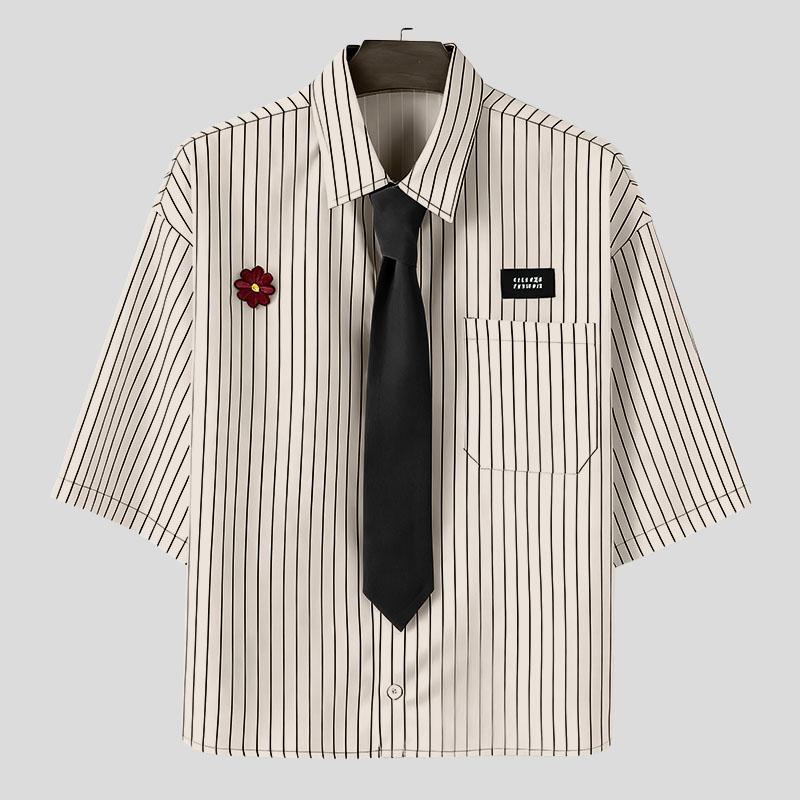 Men Up Summer Tie Incerun Half Sleeve Striped Loose Casual Shirts Tops