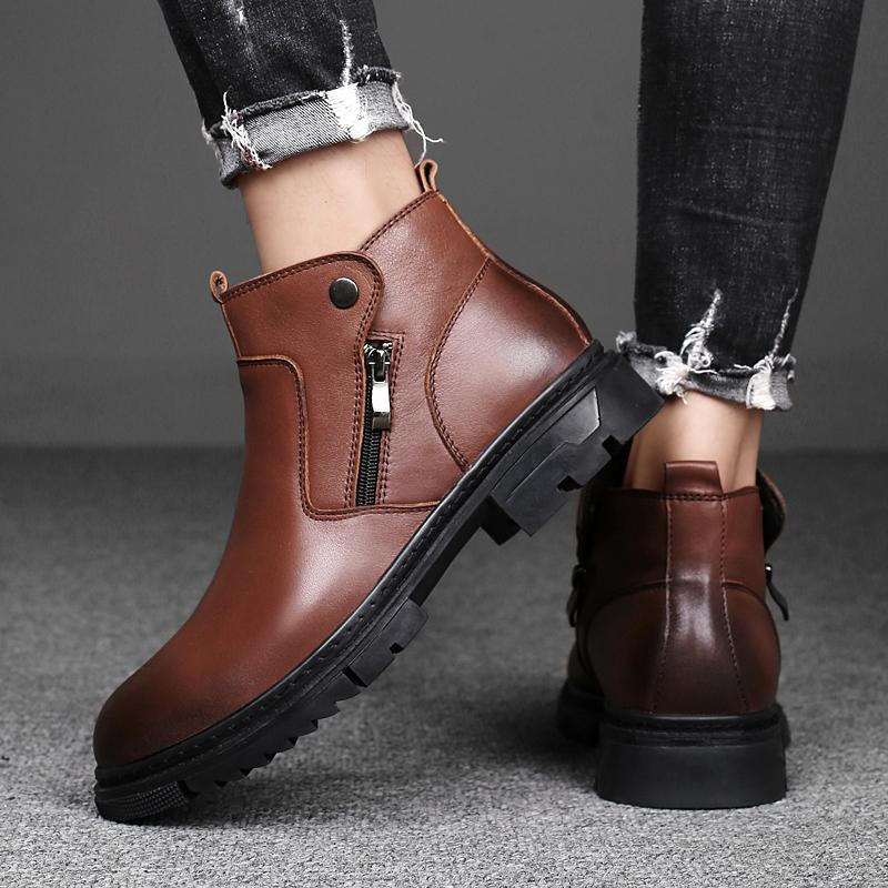 Мужские повседневные кроссовки из натуральной кожи на шнуровке, уличные ботинки, теплые плюшевые зимние ботинки для мужчин, боковая молния, новые мотоциклетные ботинки