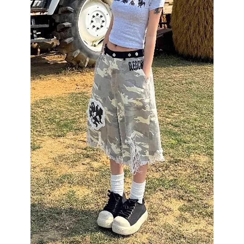 Womens High Waisted Camo Denim Capri Pants Loose Straight Leg Vintage Ripped Patchwork Jeans Casual Streetwear
