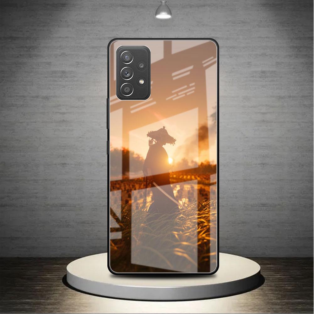 Стеклянный чехол для Samsung Galaxy A52 A71 A50 A51 A70 A21s A31 A72 A10 A12 A30 A22 5G, чехол для телефона с пейзажными чернилами, японское искусство самурая