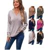 Spring Autumn Leisure Comfortable Pit Strips Matte V-neck Button Long Sleeve Solid Color T-shirt for Women
