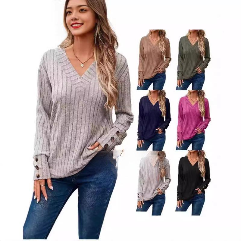 Spring Autumn Leisure Comfortable Pit Strips Matte V-neck Button Long Sleeve Solid Color T-shirt for Women