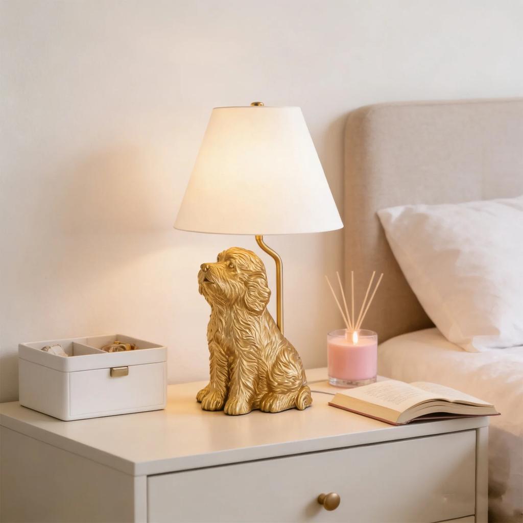 Серия Декор для дома: Настольная лампа в форме собаки с лакированным золотом абажуром и коническим льняным абажуром