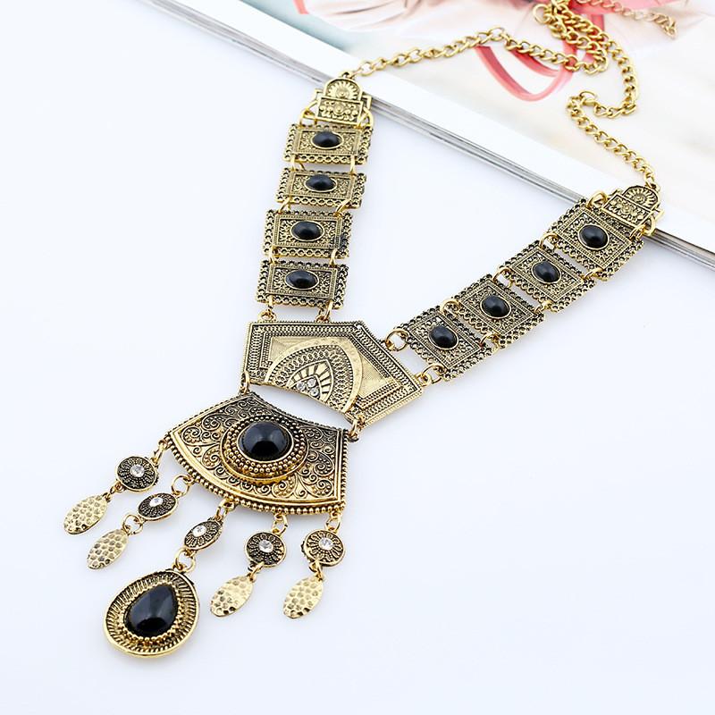 Ethnic Style Simulation Gemstone Decoration Women Metal Necklace Tassel With
