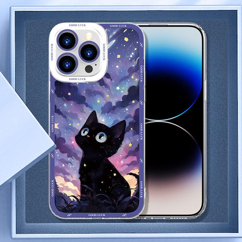 Чехол для телефона Samsung Galaxy S24 S23 S22 S25 Ultra Plus с рисунком «Звездное небо и черный кот», прозрачный чехол-бампер S25+ S22+ S23+ S24+