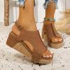 2024 Summer European and American Women's Large Size Leopard Rivet Sandals, Fish Mouth Velcro Wedge Heel Thick-Soled.