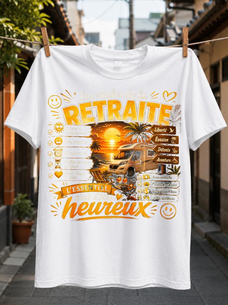 Les Rgles De La Retraite Lettering With Camper At Sunset Cheerful Checklist And Happy Retiret Unisex All Tshirt
