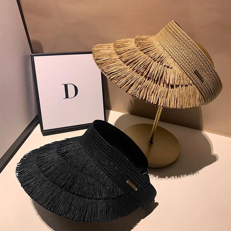 Women's Summer Open Top Sun Hat Fringe Straw Hat UV Protection Outdoor Beach Parma Designer Fashion Brand Sun Hat