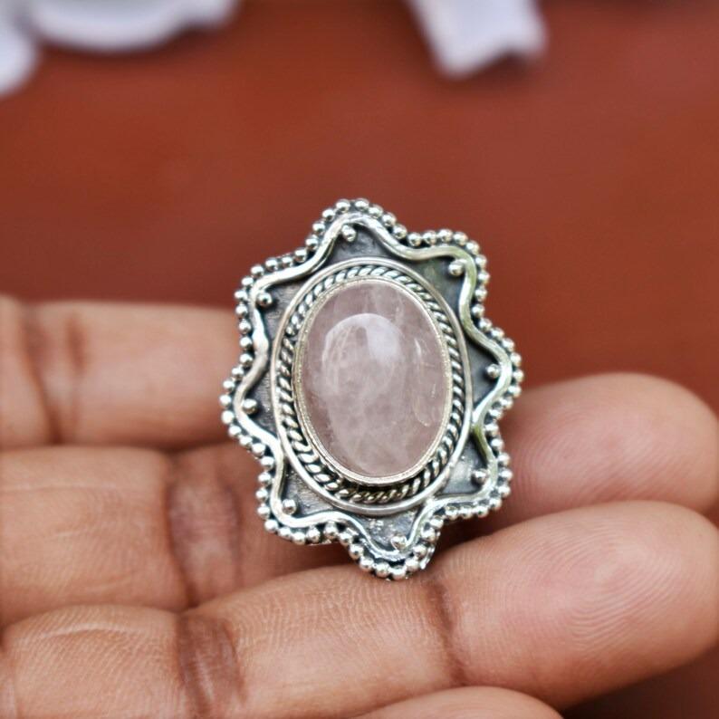 Rose Quartz Oval Gemstone Ring, Handmade Boho Designer Ring, 925 Silver Ring, Statement Ring, Partywear Ring, Thanksgiving Gift