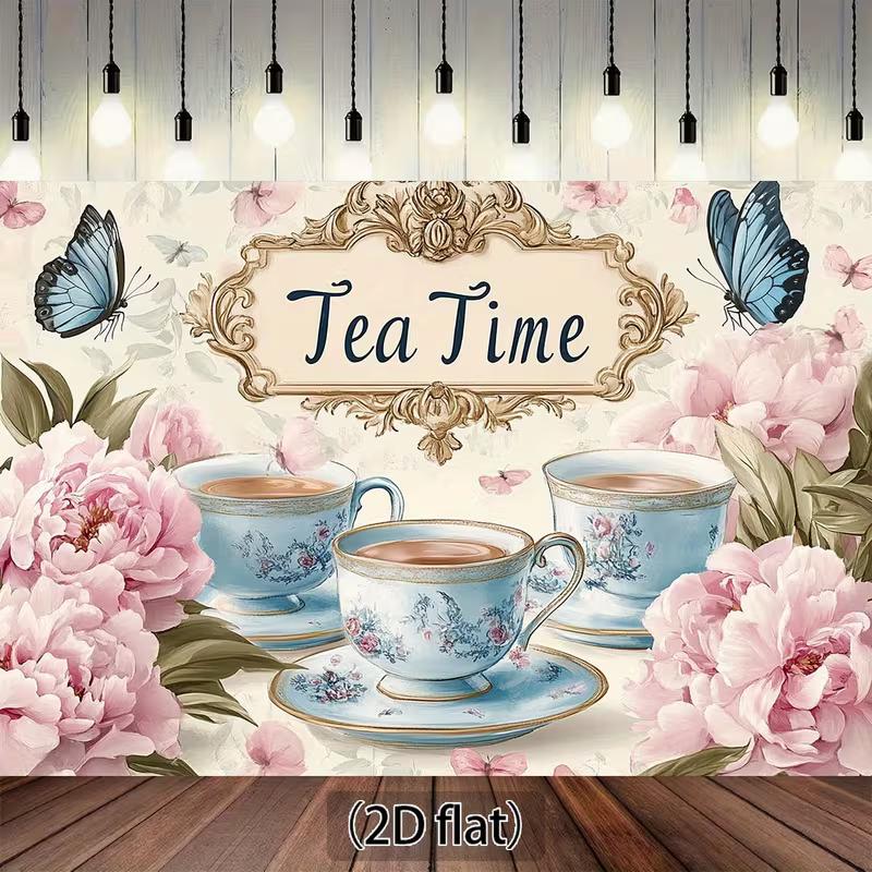 2D Floral Tea Party Backdrop, Afternoon Tea Party Background Cloth