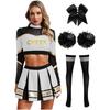Women Cheerleading Performance Dance Outfit Long Sleeve Mock Neck Rhinestones Crop Top Pleated Skirt Hair Tie Set