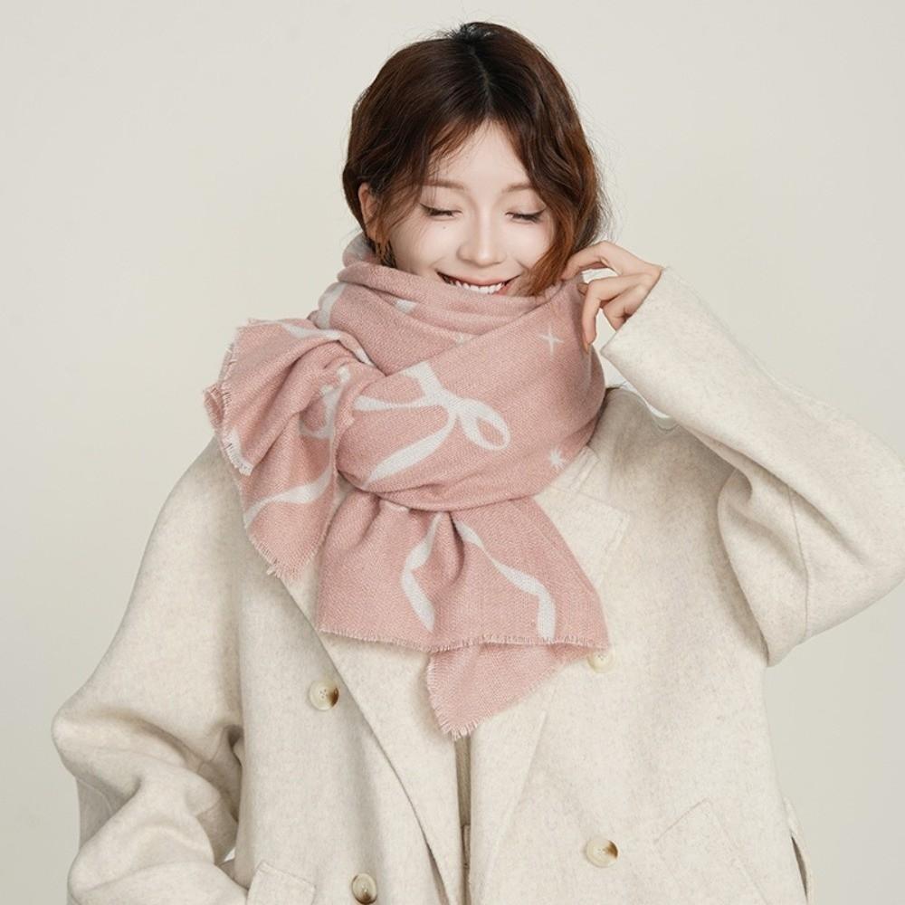 Thicken Bow Wool Scarf Printed Women Cashmere Shawl Elegant Winter Cashmere Scarves Female