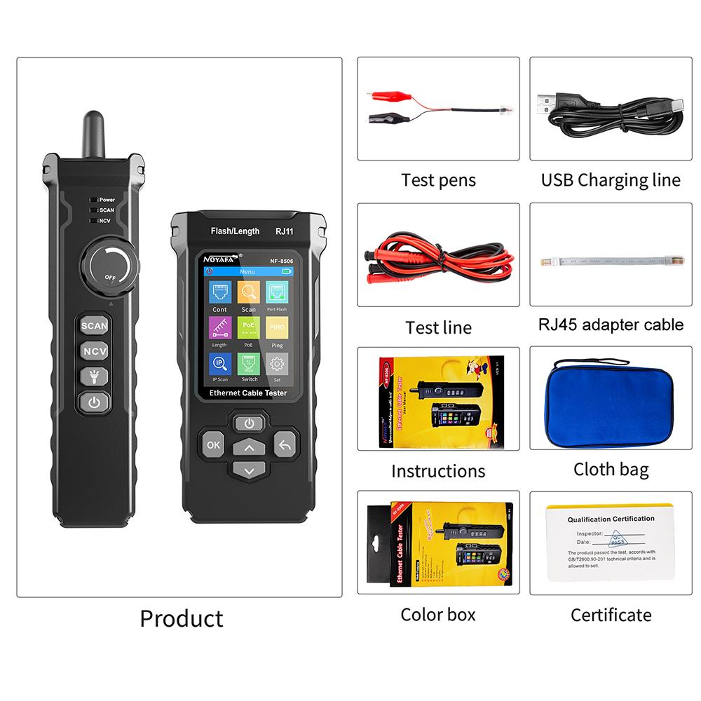 Тестер сетевого кабеля NOYAFA NF-8506 поддерживает тест PING/сканирование IP/скорость сетевого порта Многофункциональный инструмент для поиска кабелей