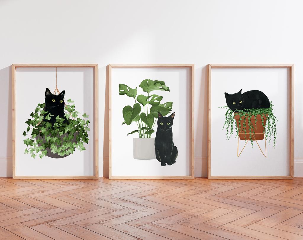 Watercolor Kittens Print Cat and Plant Poster Wall Art Leisurely Cute Kitty Canvas Painting Living Room Bedroom Home Decor