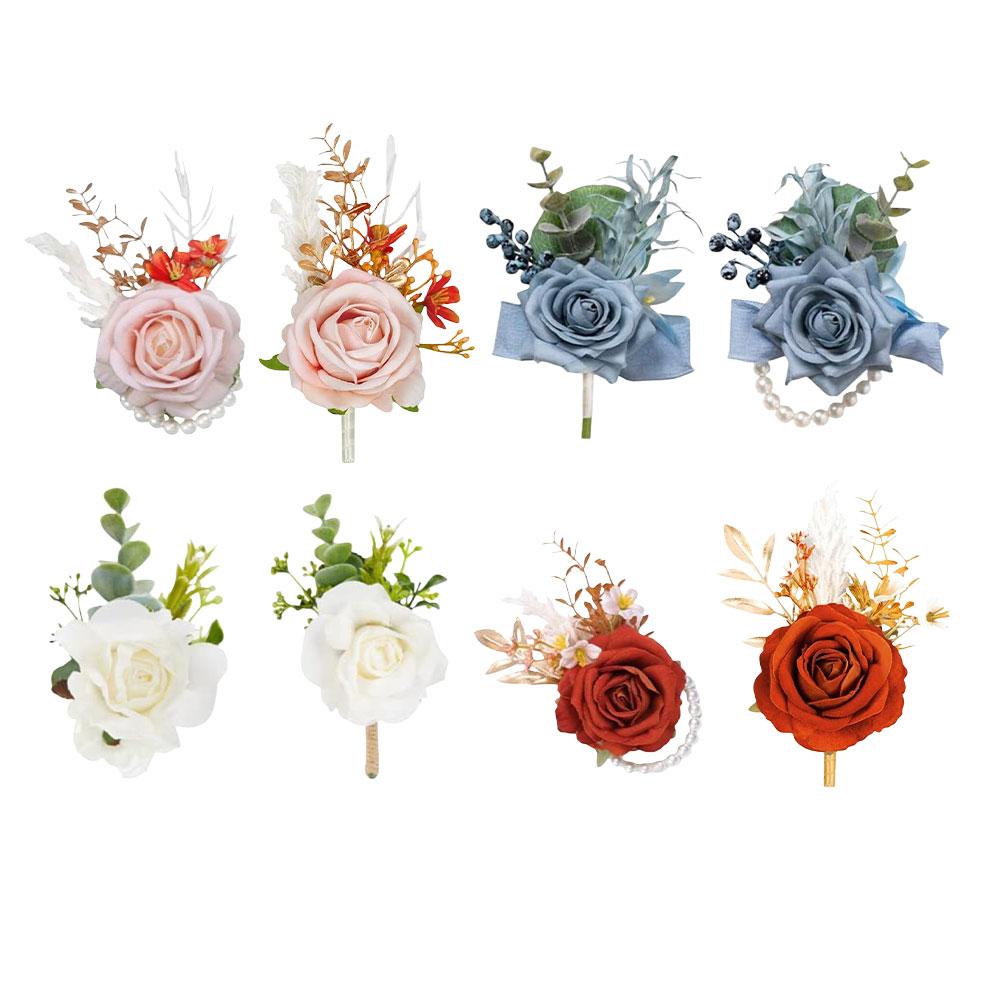 2Pcs Corsage And Boutonniere Set Artifical Rose Flower For Bridal Wedding Accessories Wrist Corsage Bracelets Corsages Wristlet