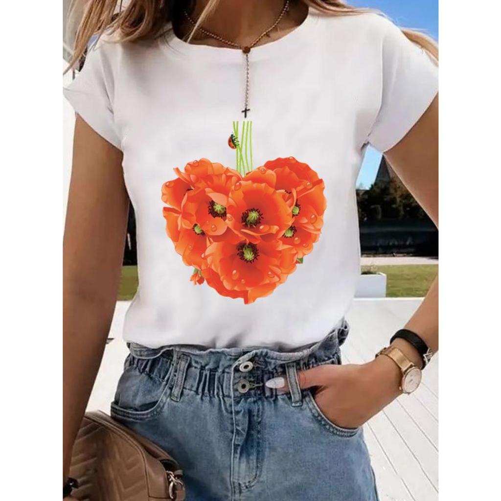 Floral Sweet and Cute Fashion Printing Women's O-neck Clothes T-shirt Short-sleeved Casual Daily Top