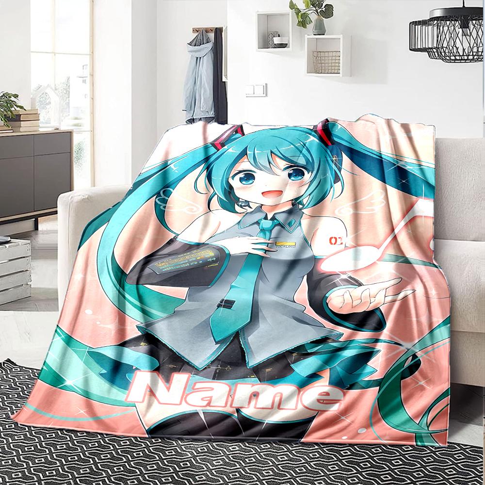 Custom Name Hatsune Miku Theme Printed Blanket - Perfect for Couch, Bed, Travel & Outdoor Use | Machine Washable, Cozy & Durable.