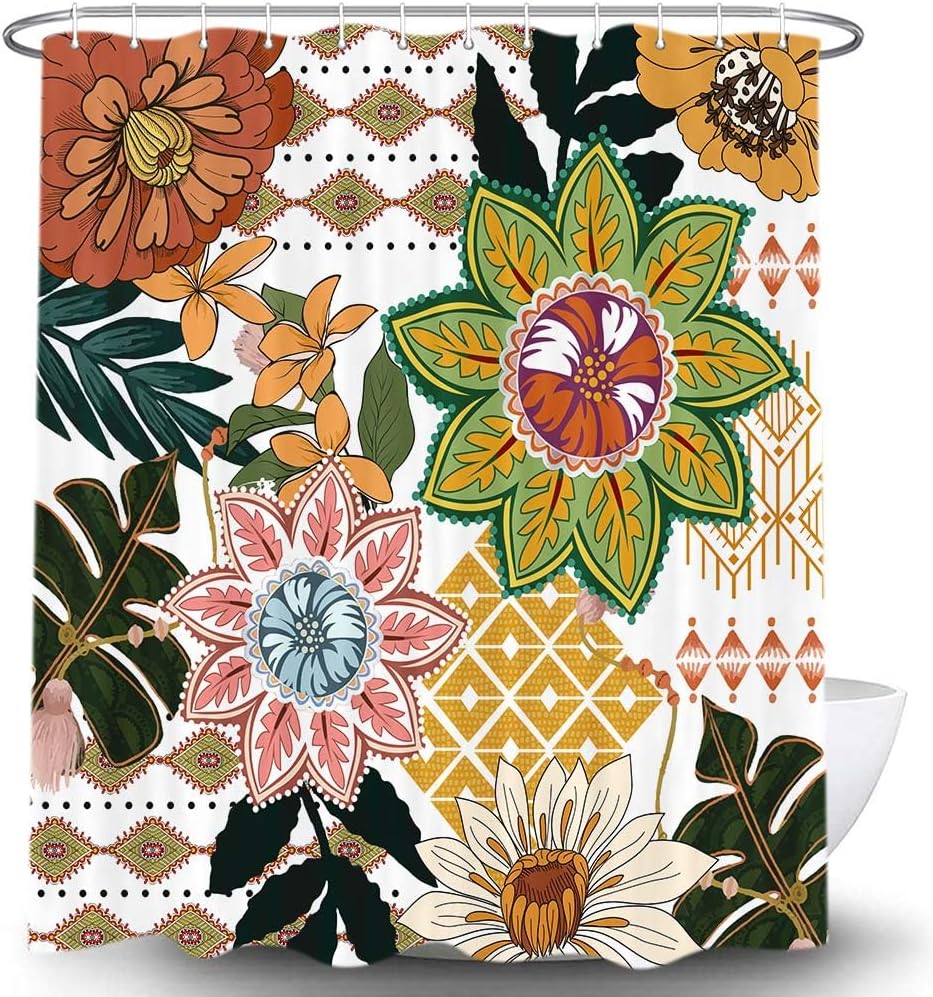 Boho Floral Shower Curtain for Bathroom, Abstract Mid Century Morden Bohemian Decor Bath Curtains, Botanical Flowers Tropical Le
