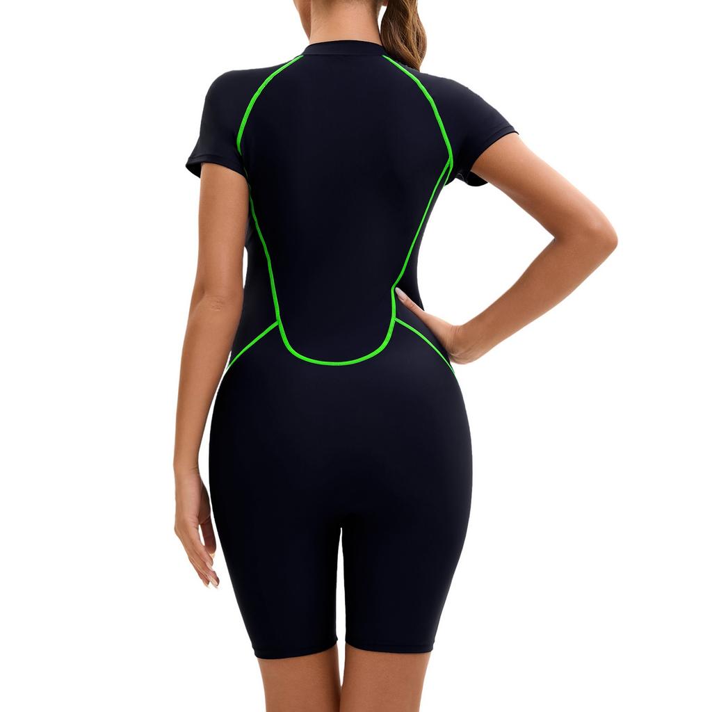 Женский слитный купальник с короткими рукавами на молнии и плоским углом, женские плавки с тремя точками и подкладкой для груди