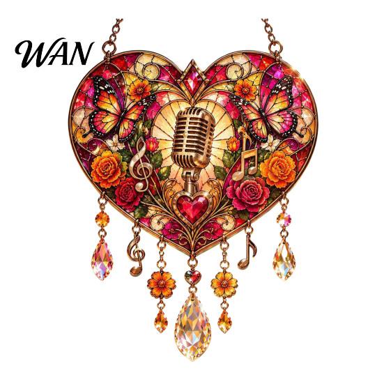 Stained Glass Style Decor Acrylic Suncatcher with Metal Chain, 2D Flat Window Hanging Ornament Vintage Microphone Wall Retro Cowgirl/Microphone