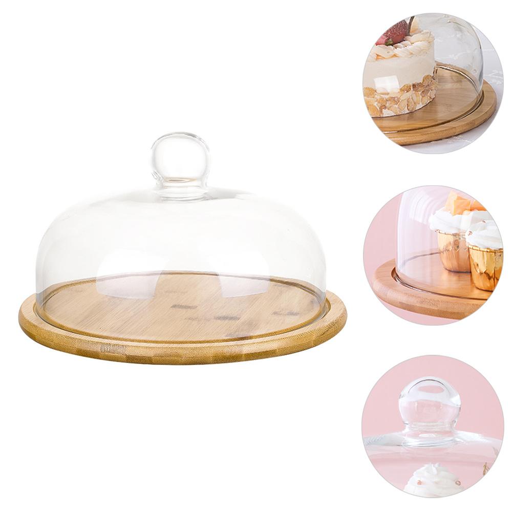 1 pc Display Plate Bamboo Tray Glass Useful Serving Plate Cover Dust Proof Food Serving Stand For Dessert Bread Pastry Snack