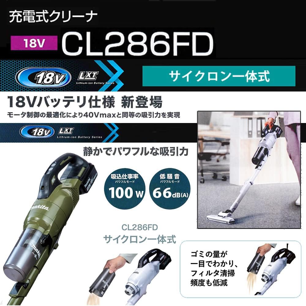 Makita 18V Rechargeable Cleaner CL286FDZO Body Only and Charger Sold with Shibasho Accessory Bag [Integrated Cyclone] (Battery Separately) (Olive)