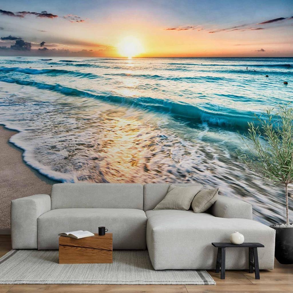 Sunset Ocean Beach Wall Mural Golden Sunrise Coastal Scenery Wallpaper for Living Room Decor