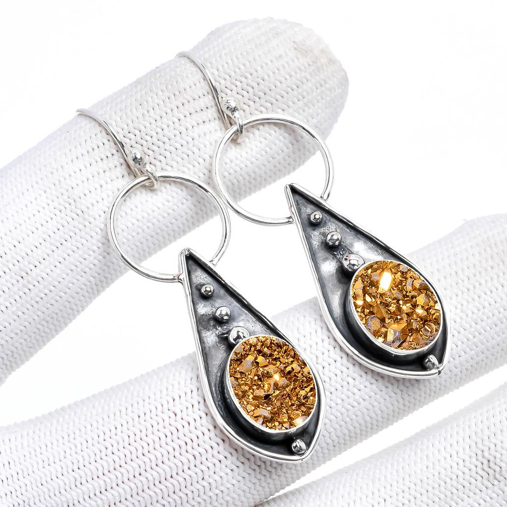 Titanium Agate Drusy Gemstone Handmade Solid 925 Solid Sterling Silver Jewelry Anniversary Dangle Earrings For Her