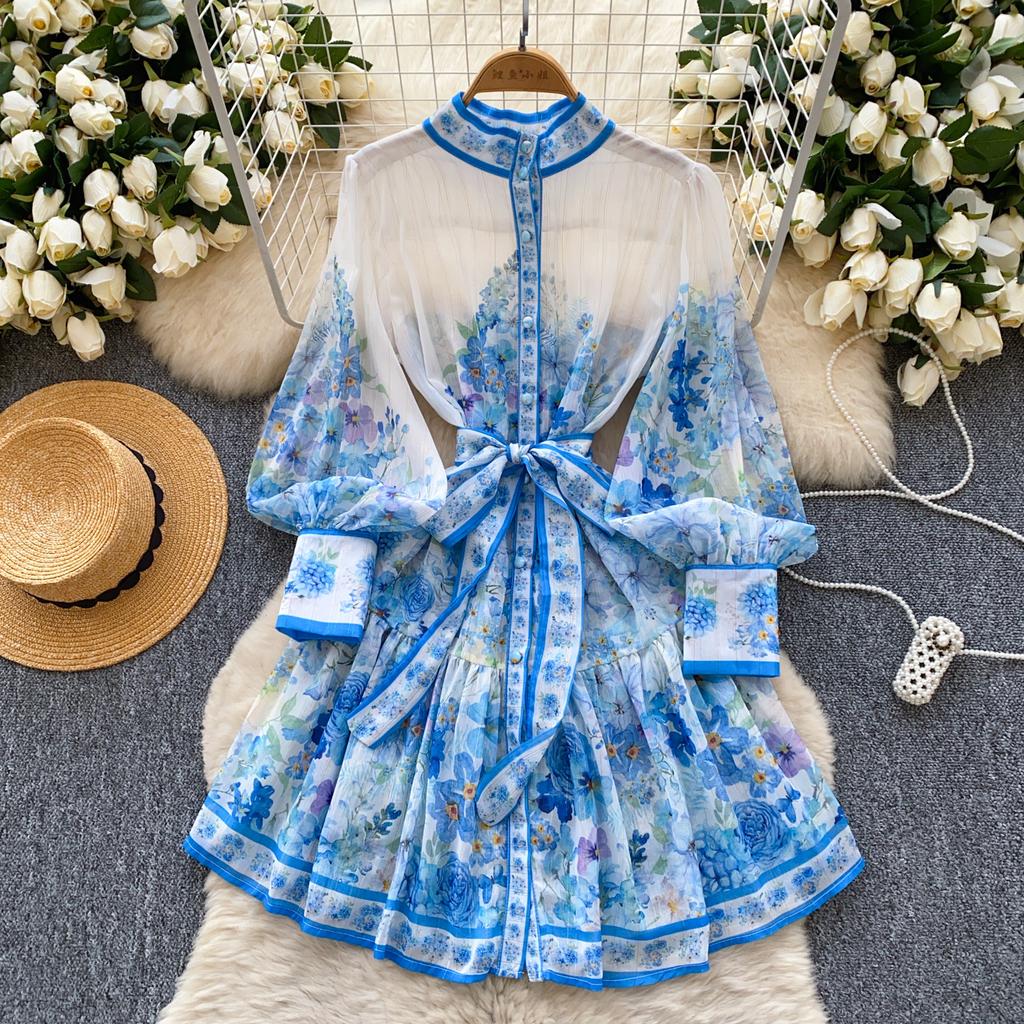 Spring Summer Women Lantern Sleeve Print Chiffon Mini Short Chic Boho Holiday Beach Lace-up Dresses