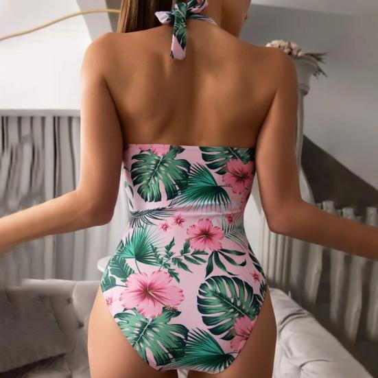 Women Summer Sexy Monokini Halter Backless Floral Print One-piece Swimsuit Quick Drying
