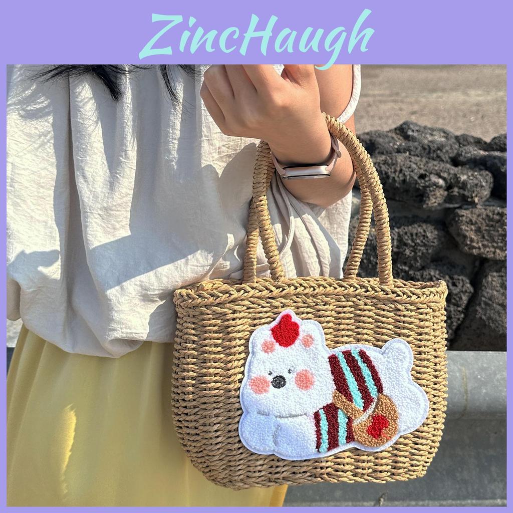 Cute Cartoon Plush Dog Decoration Women Casual Grass Woven Bagfor Beach And Vacation Use