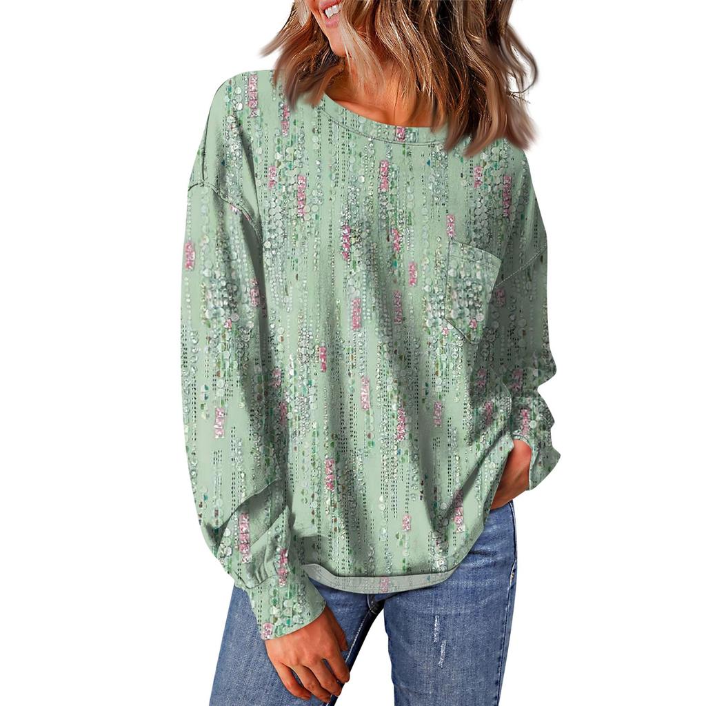 Женский повседневный свободный топ с круглым вырезом и карманами с винтажным цветочным принтом и длинными рукавами