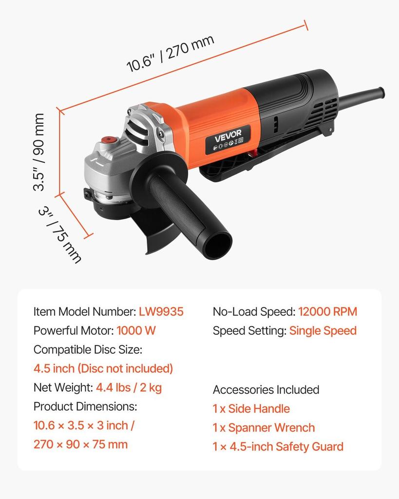 Angle Grinder, 114.3mm Electric Grinder Power Tool, 4.5Amps 12000RPM High-Speed Corded Angle Grinders with Adjustable Dust Guard for Metal Grinding,