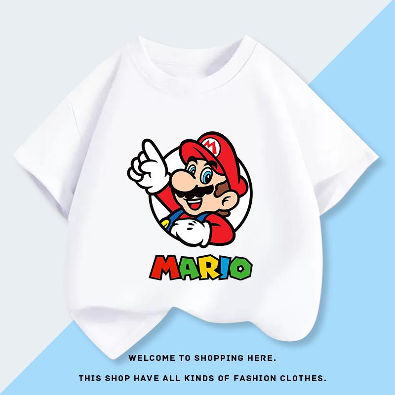 Super Mario Mario Male Child ShortSleeved Tshirt Cartoon Style Stylish Shirt for Children HalfSleeved Tshirt