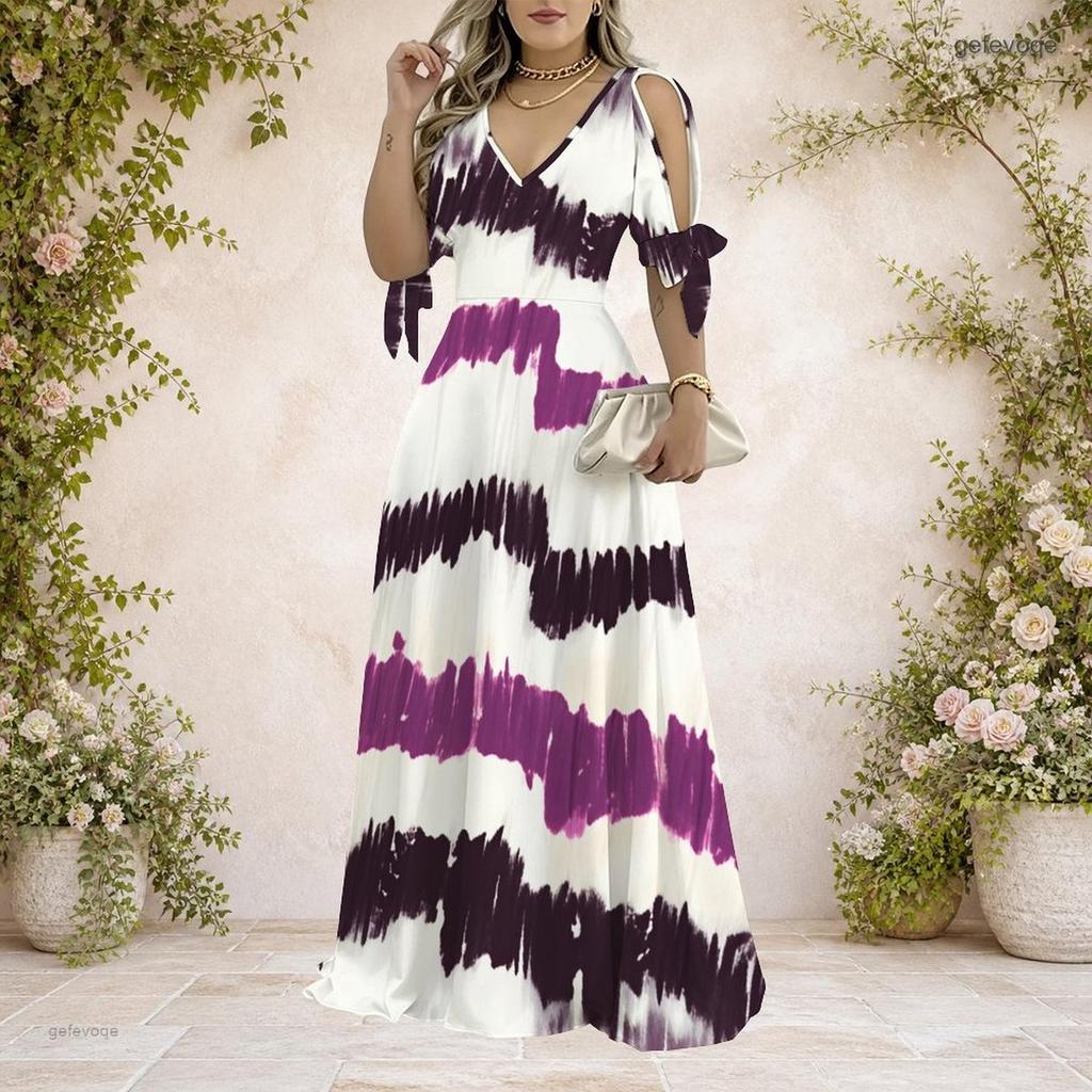 Women Plus Size Cold Shoulder V Neck Blue Printed Short Sleeve Tie Cuff A Line Long Dress