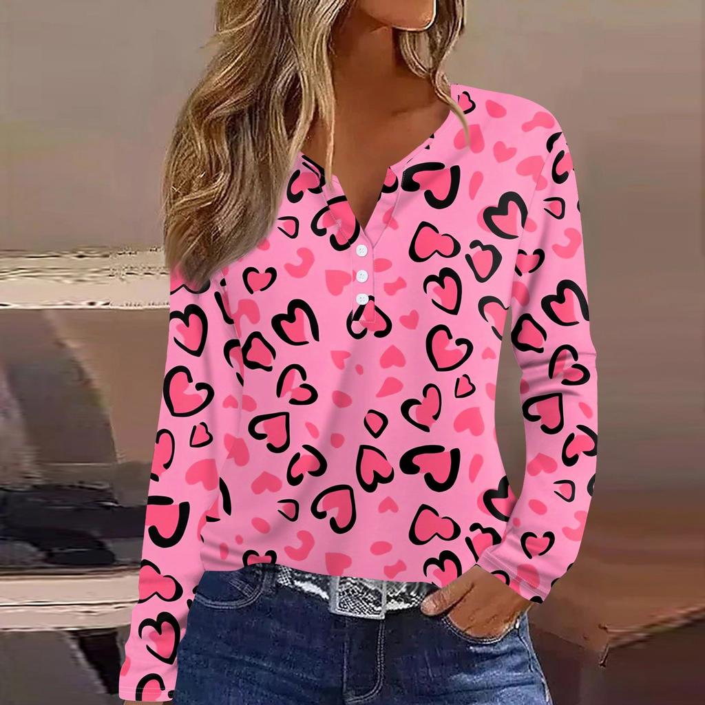 Женская футболка с принтом ко Дню святого Валентина, туника с длинным рукавом и пуговицами, повседневная мода на выходные, базовый топ с V-образным вырезом