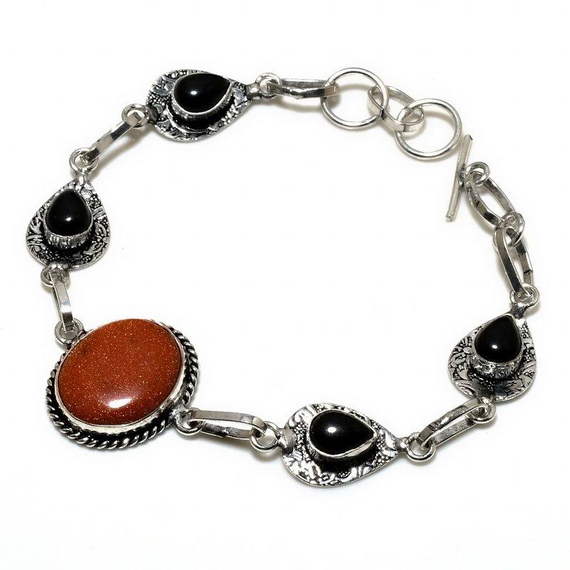 Red Sunstone Black Onyx Gemstone 925 Silver Plated Jewelry Bracelet 6-8"