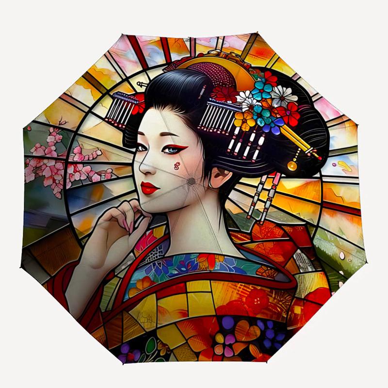 Geisha Themed Automatic Opening and Closing Umbrella, Brightly Colored 8 rib Portable Umbrella, Suitable for Men and Women, A Perfect Gift f