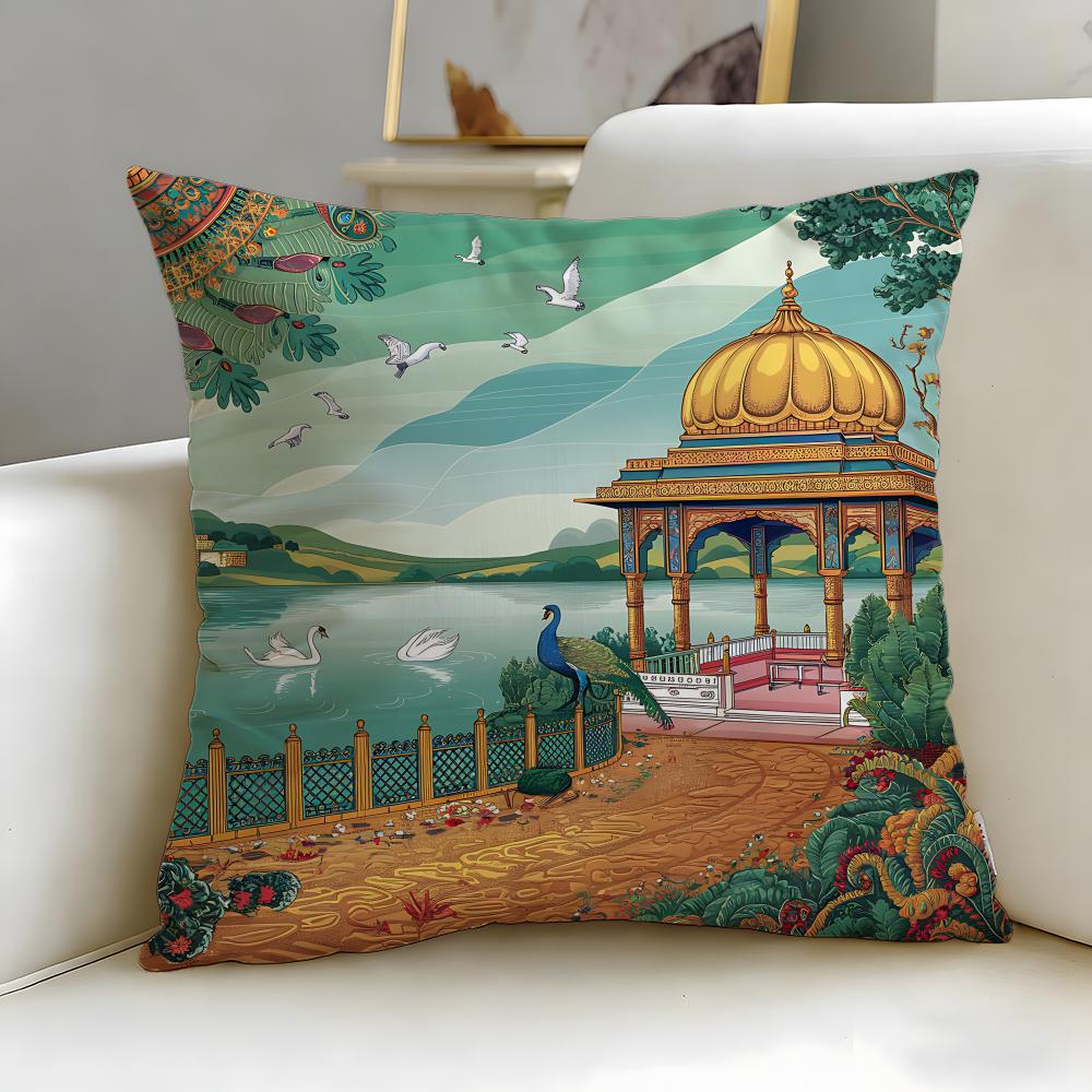 Classic Mughal Garden With Peacock Cushion Cover Soft & Easy-Wash Pillow Case – Versatile For Couch, Bed, Travel And Office