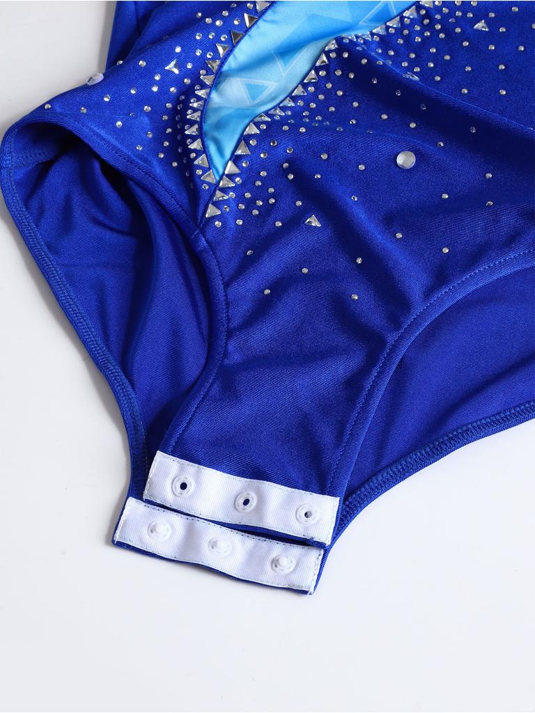 Girls Dance Leotard Long Sleeve Rhinestone Patchwork Jumpsuit for Gymnastics Training Performance
