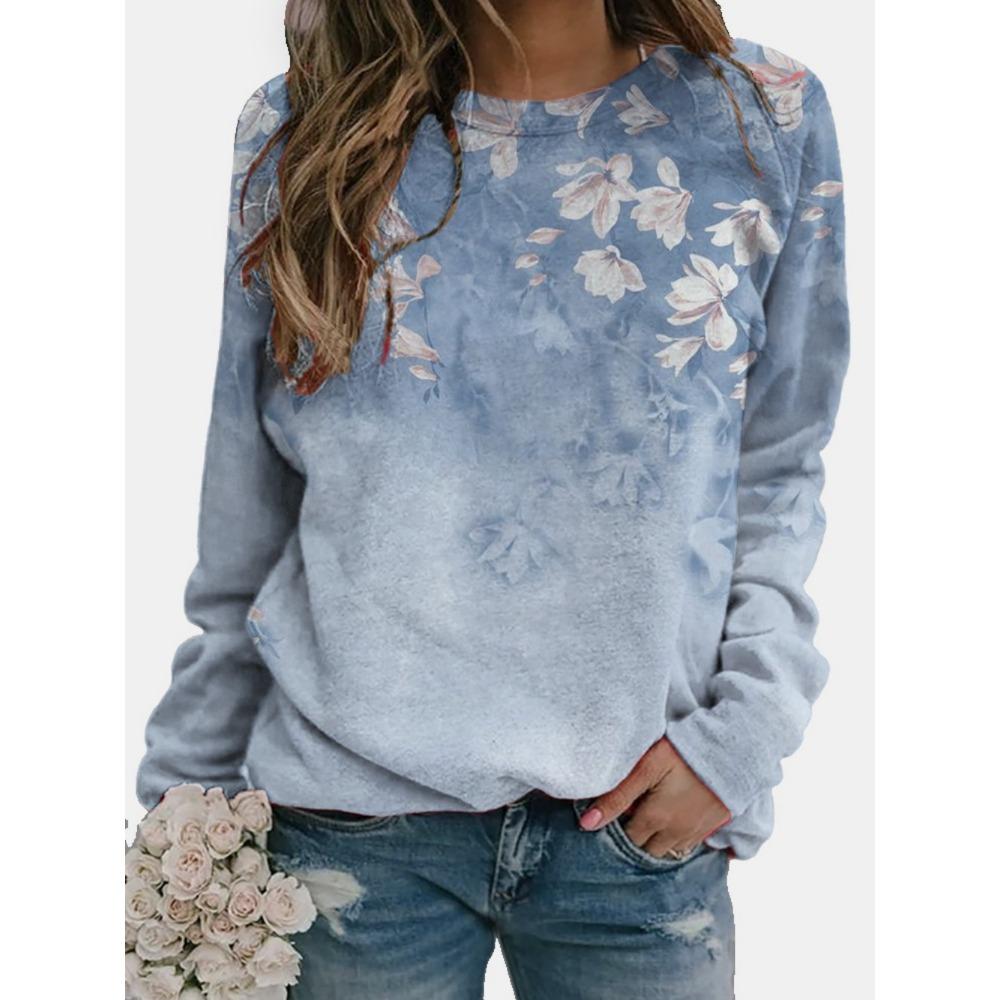 Women's Fashion Casual Loose Hoodie Round Neck 3D Flower Print Long Sleeved T-shirt Pullover Spring and Autumn Top