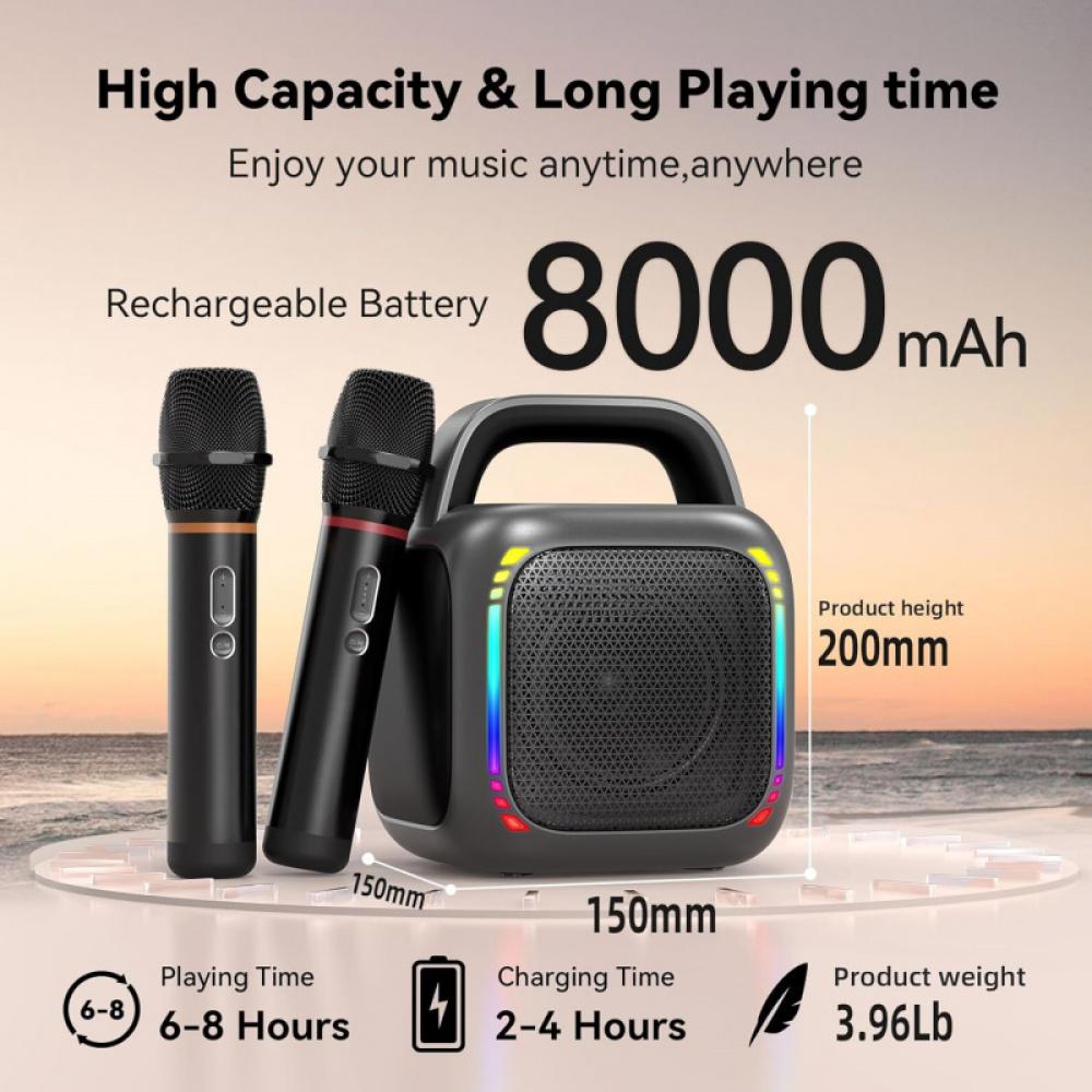 Караоке-машина с 2 беспроводными микрофонами, 5.0 Bluetooth 50 Вт динамик для взрослых и детей, ручка и RGB-подсветка, поддерживает карты памяти TF/USB/Aux In/TWS