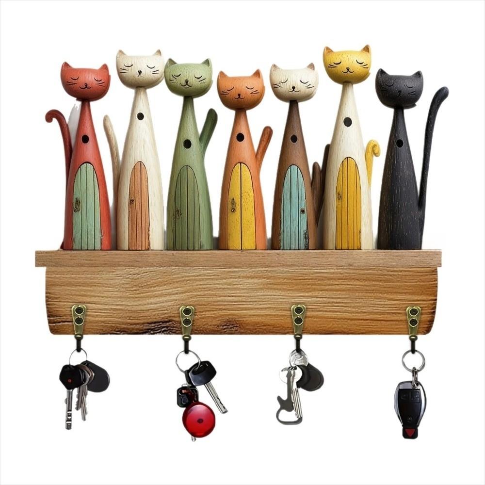 Colorful Cat Pattern Key Hanger Wooden Keychain Holder Useful Wall Key Holder  Porch Decoration